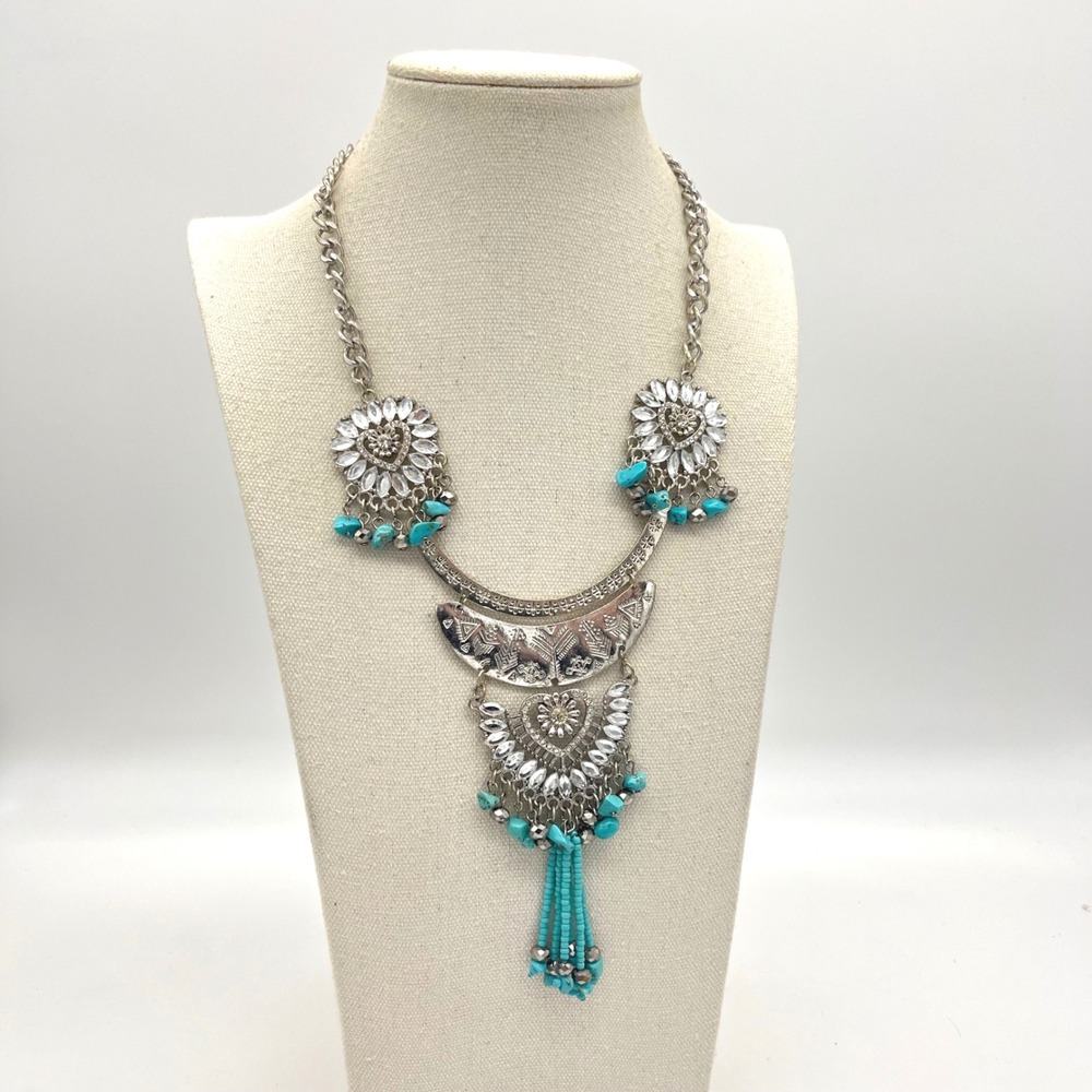 Jules B Silver Tone Turquoise Crystal Boho‎ Bib Statement Necklace